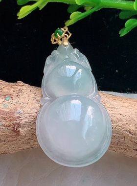 axm实拍25.6*13.8*5.5缅甸翡翠冰种清纯饱满葫芦玉吊坠18k金扣