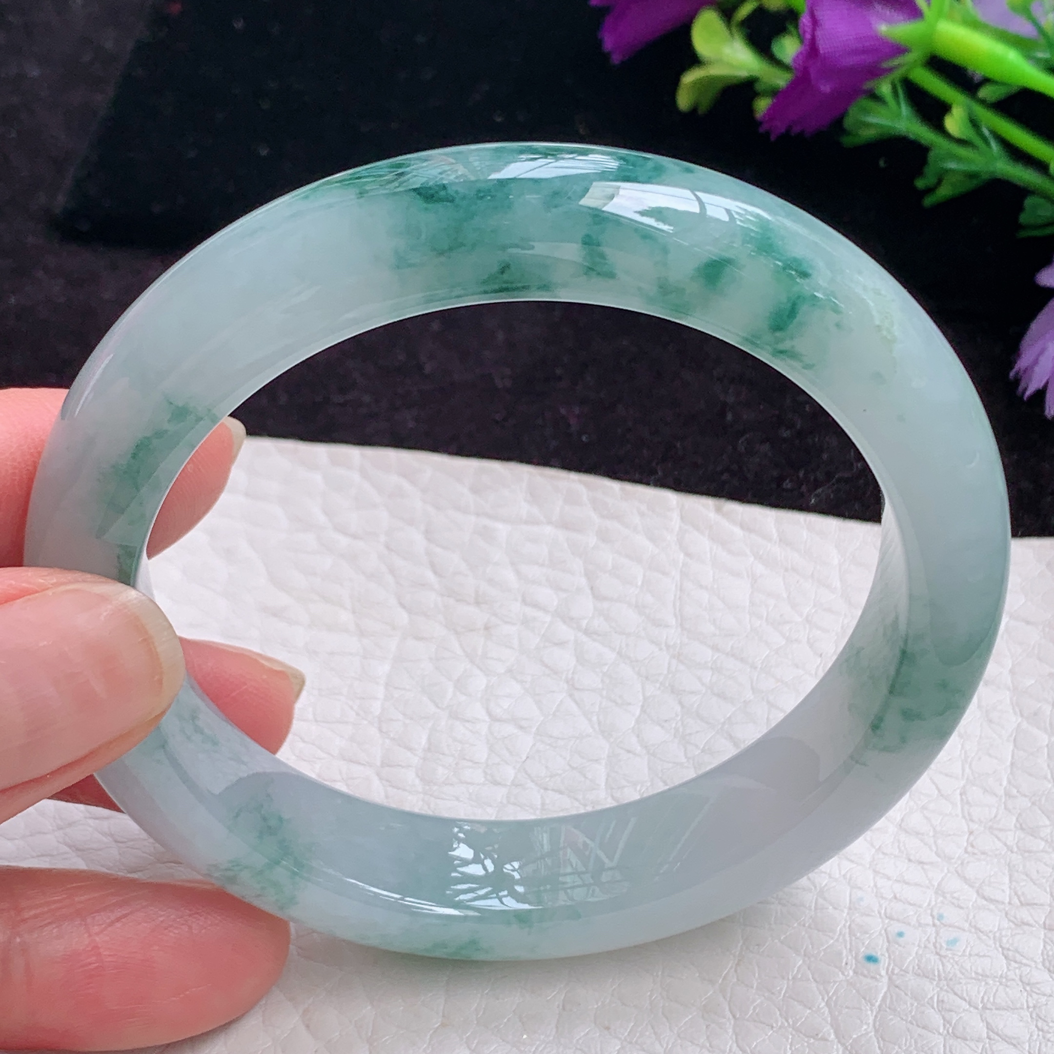 faa实拍58.3*12.8*9平安镯 精美缅甸冰飘花厚装翡翠手镯 正圈玉镯