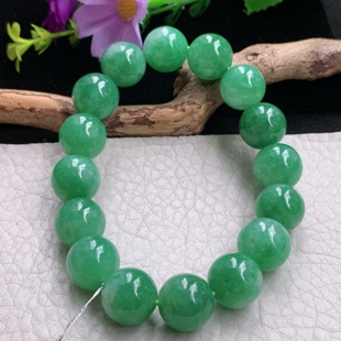 qxm实拍12.3mm缅甸翡翠精雕满绿圆珠，财运亨通玉手链 玉手串绿色