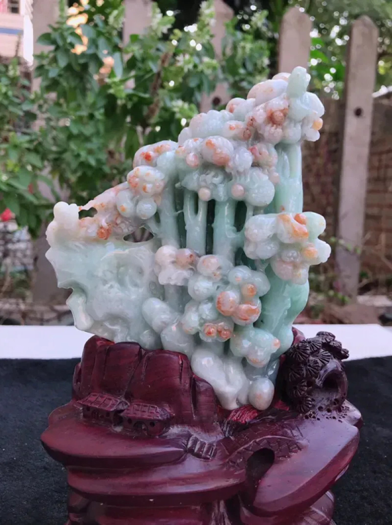 缅甸A货翡翠冰透红翡山水摆件发财树特色精雕缕空摆件开业祝福