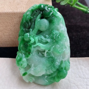 zzx实拍缅甸翡翠A货精雕辣绿龙凤呈祥龙凤牌玉吊坠62 13.3mm 40.5
