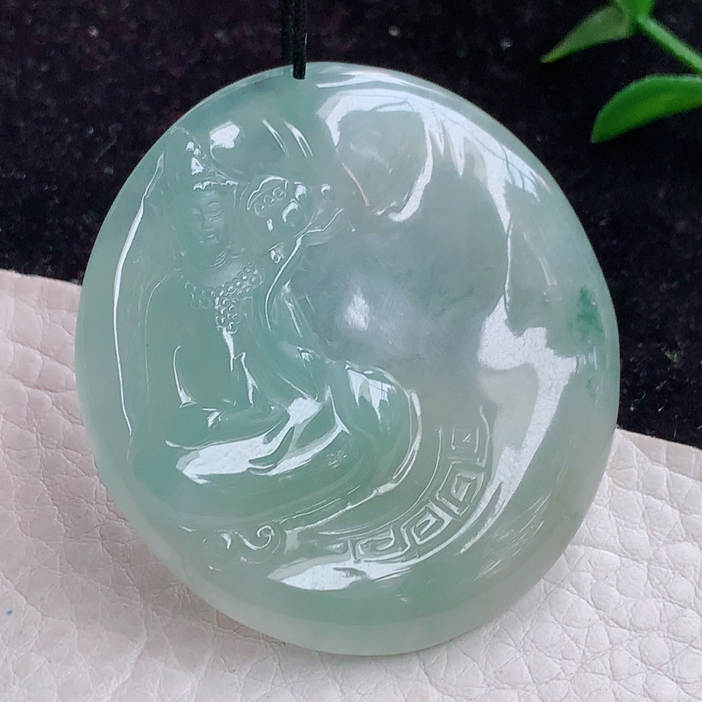 sd实拍天然缅甸翡翠A货胶感水润晴绿持莲观音玉吊坠49.3*46*5.3mm