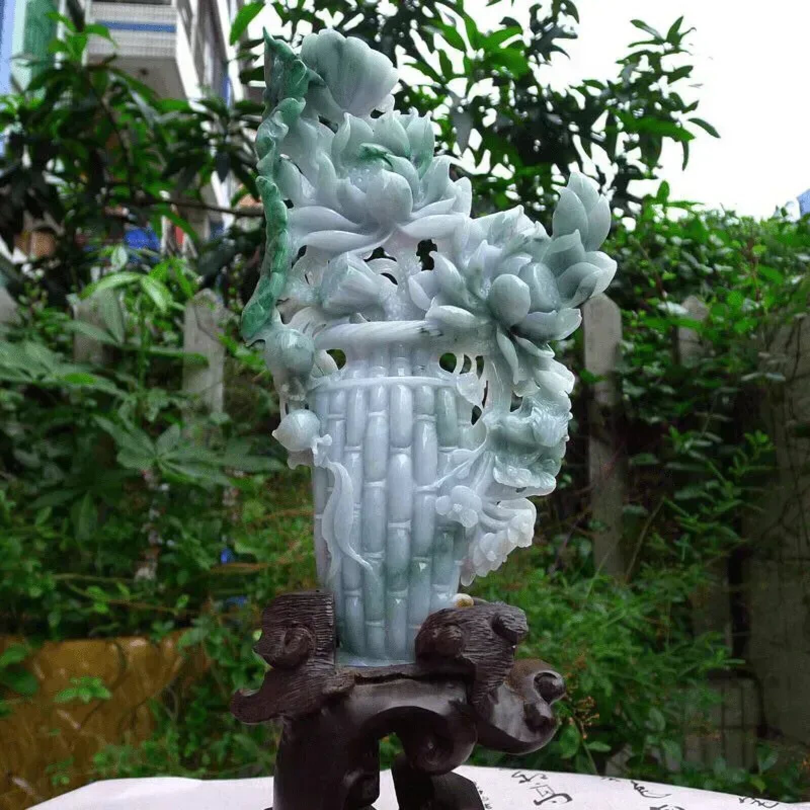 天然翡翠A货老坑水润飘绿精工花开富贵平平安安花瓶摆件合合美美