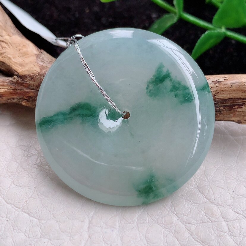 qxm实拍缅甸翡翠A货冰飘花大平安扣吊坠 怀古玉扣33.5*6mm