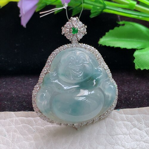 axm实拍45*35.5*12缅甸翡翠冰飘花佛公 开心佛玉吊坠 玉挂件