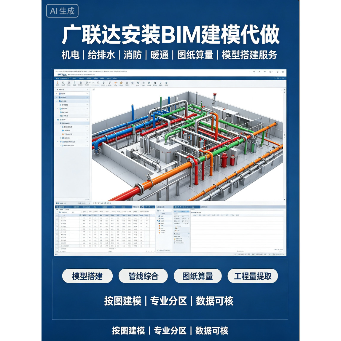 广联达安装BIM建模代做 机电给排水消防暖通图纸算量模型搭建服务