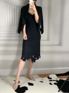 tam Vivienne 黑色双层弹力镂空刺绣吊带连衣裙 谭燕玉 特