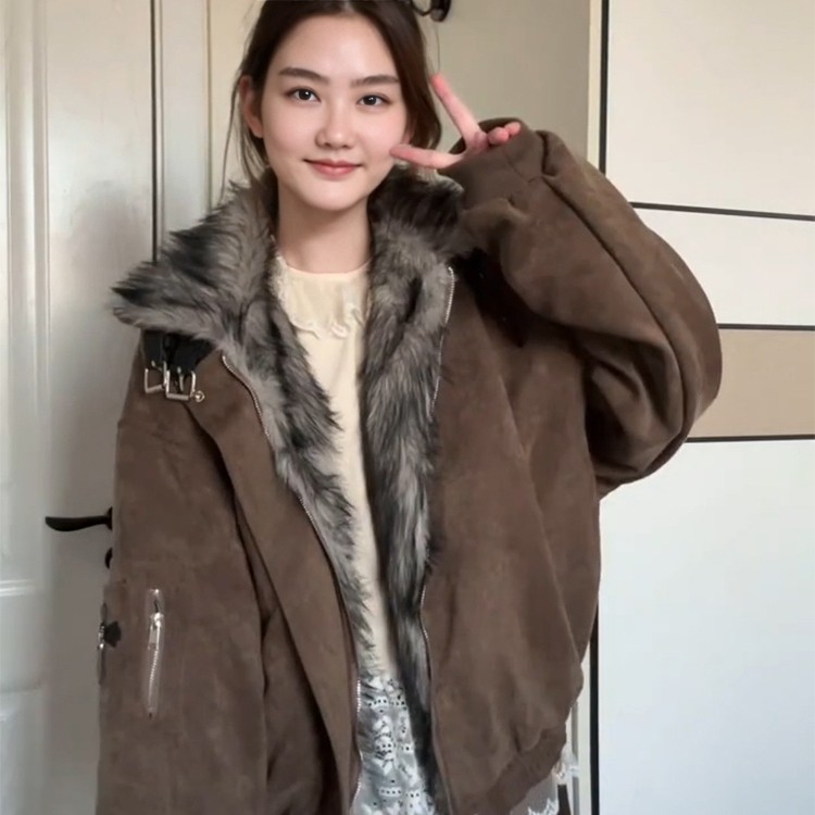 美式复古毛领十字架座山雕外套