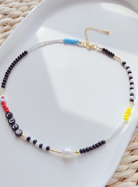 欧美天然珍珠项链女波西米亚风手作串珠米珠LUCK字母锁骨链女