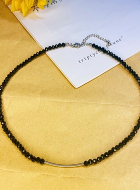 KST黑色水晶手工串珠颈链 高级感轻奢原创风女生锁骨链 服饰项链