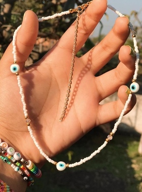 22年新款波西米亚民族风白色玻璃米珠恶魔之眼个性ins锁骨项链女