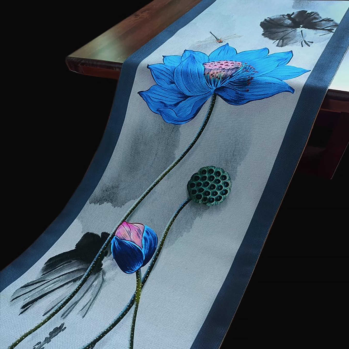 掌柜推荐新中式水墨莲花桌旗床旗