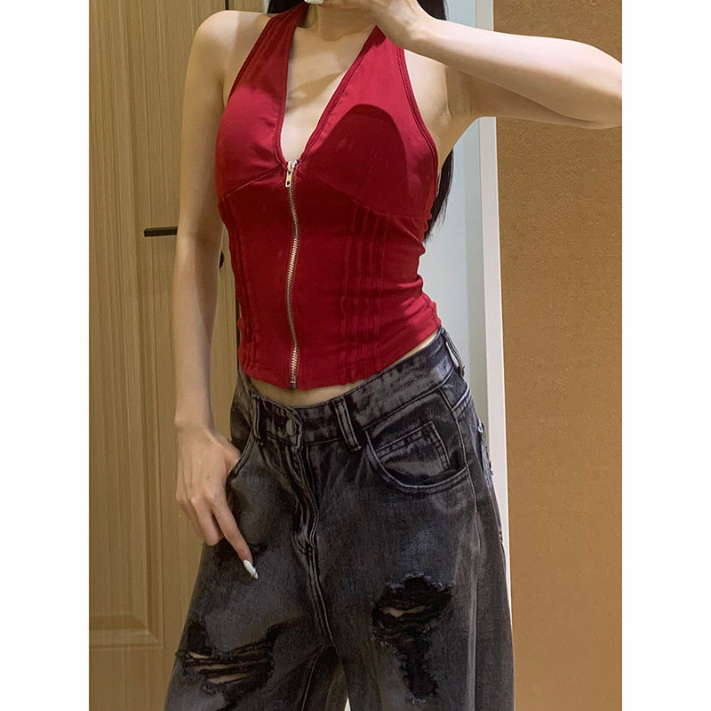 BBJJS美式辣妹V领挂脖百搭吊带背心女夏季性感露背收腰绑带上衣潮