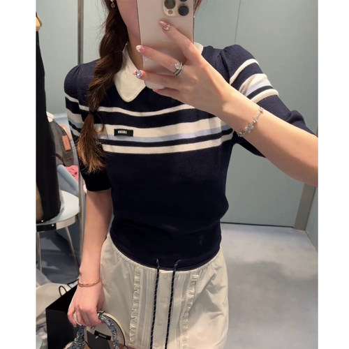 学院风条纹小翻领短袖针织T恤