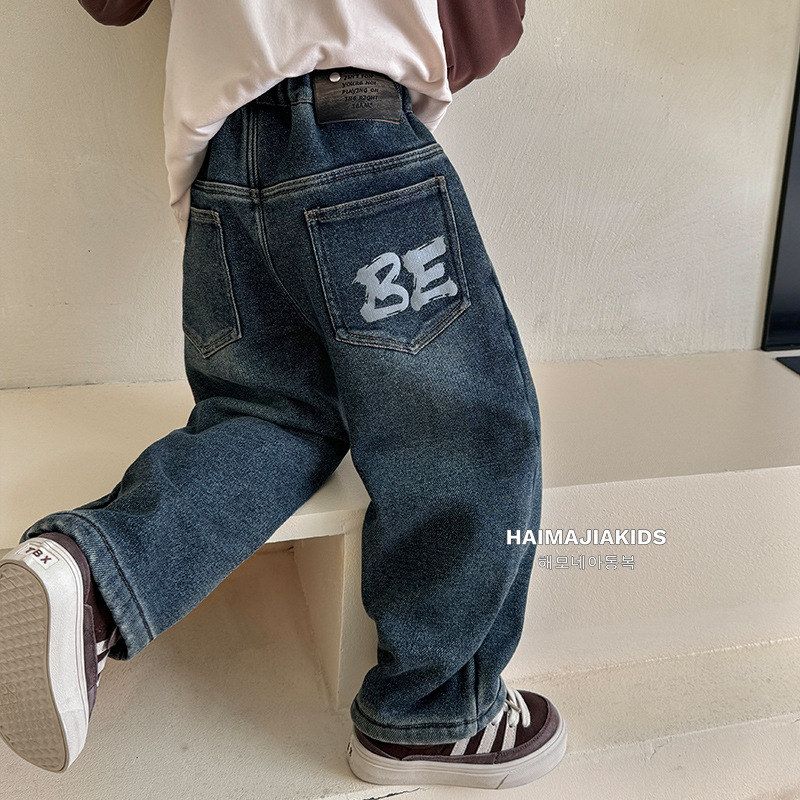 赛杜男童冬季童装字母印花加绒加厚冬装牛仔裤韩版