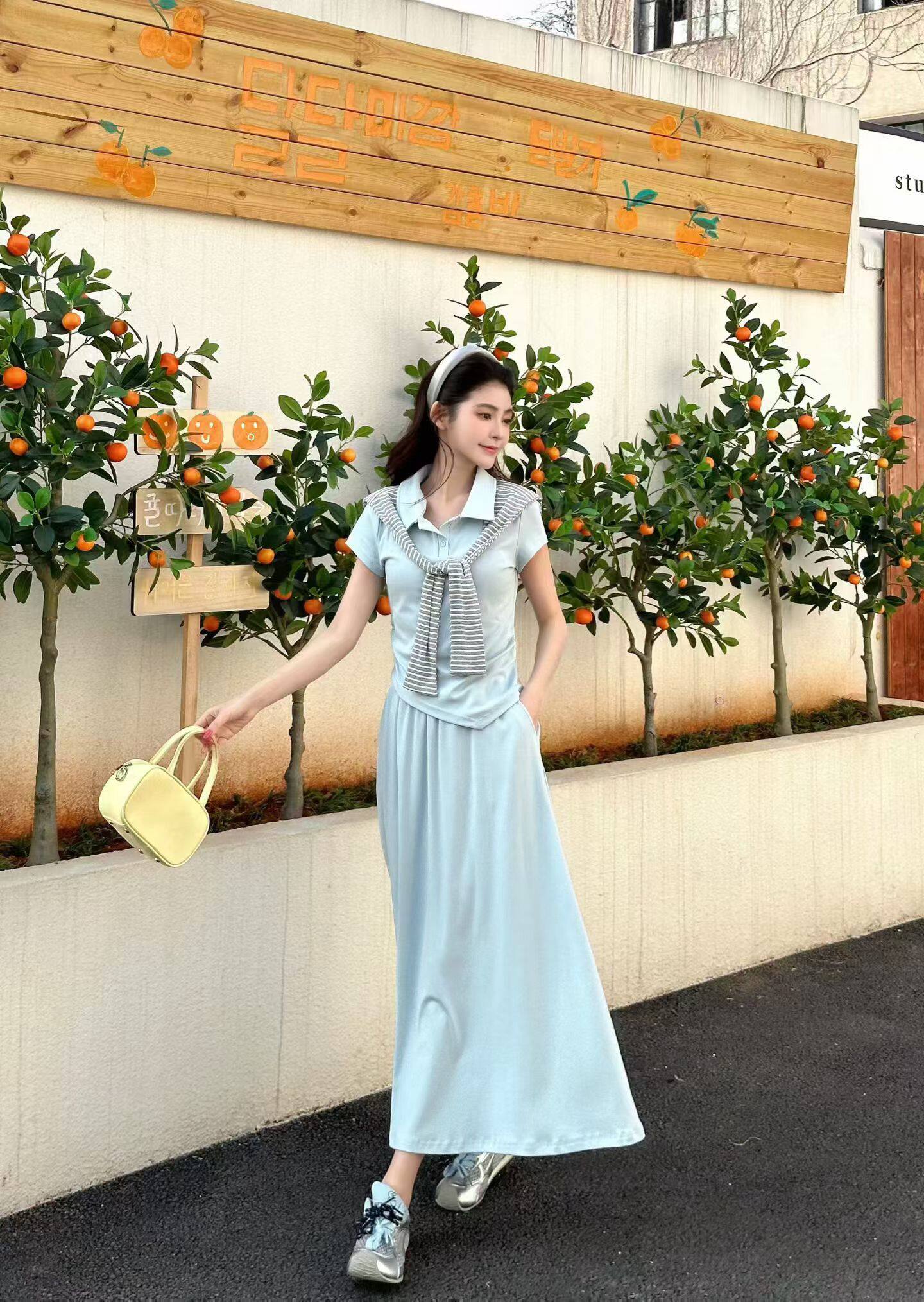 韩版polo领t恤不规规高个子休闲运动套装女 2026夏新款半身裙两件