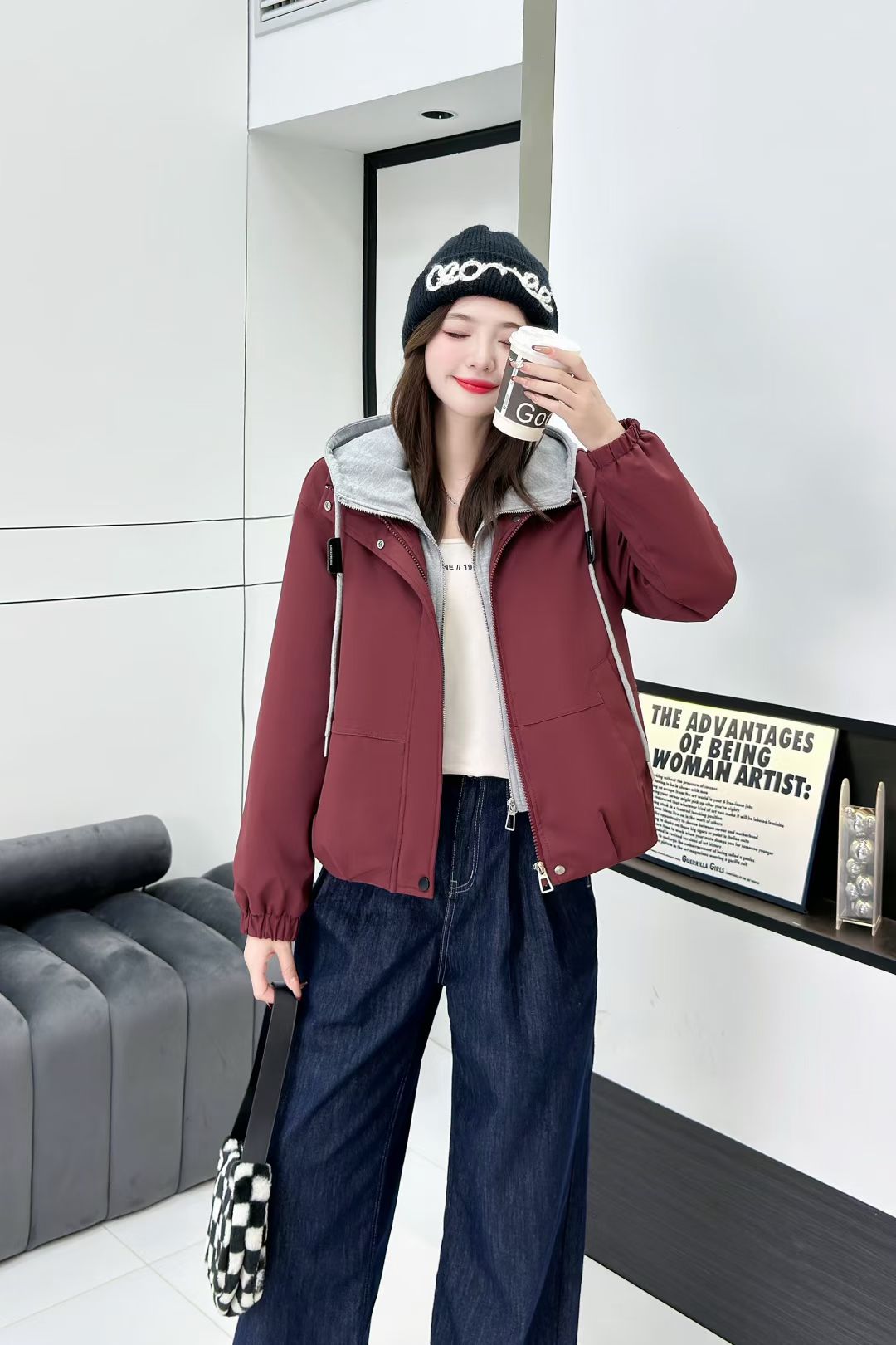 加绒加厚连帽派克服女2025冬新拉链开衫红色短外套假两件棉衣棉袄