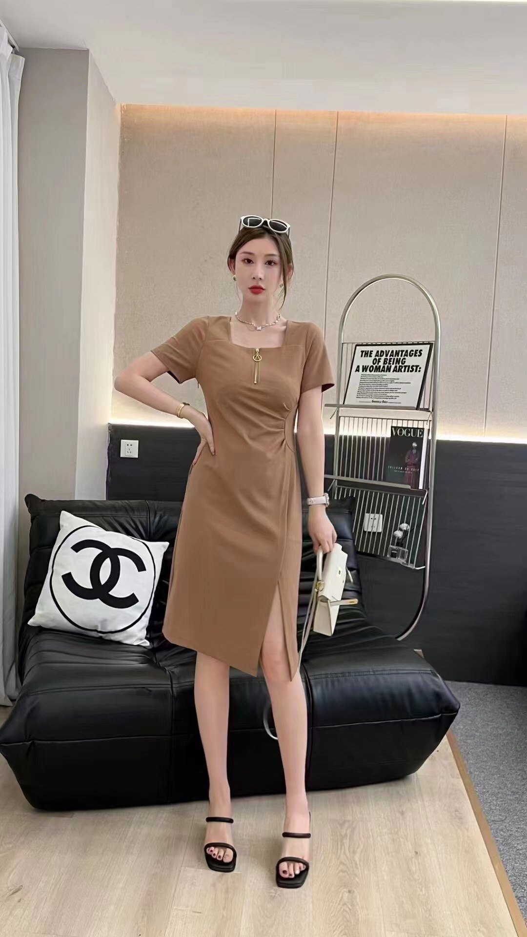 女神范高个子修身显瘦方领不规则开叉下摆纯咖色夏拉链短袖连衣裙
