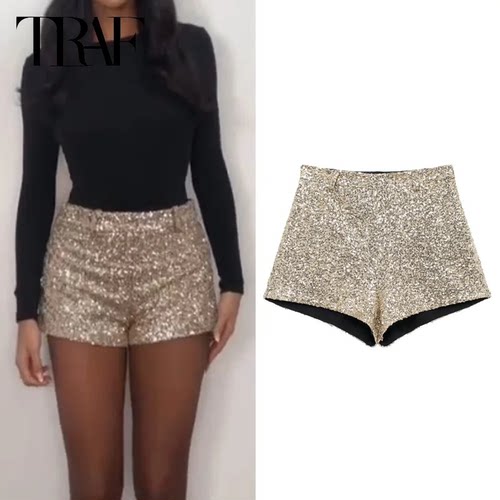 TRAF 2025 Mini Sequin Shorts Woman Shiny Sexy High Waist Sho