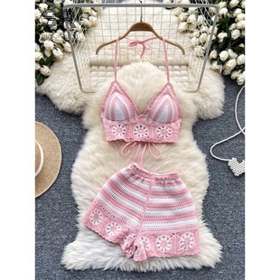 Knit 2pcs Suits SINGREINY Halter Vacation Women Sleeve Beach