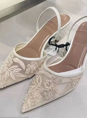 Mesh Embroidered Brand Sandals Women String Bead Thin Heels