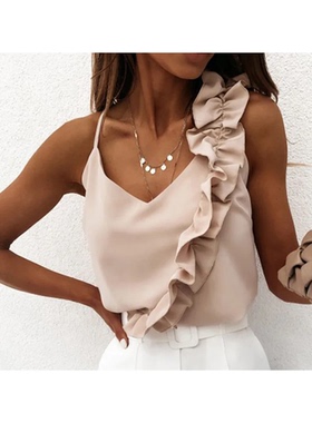 Women Summer Blouse Shirts Sexy V Neck Ruffle Blouses Backle