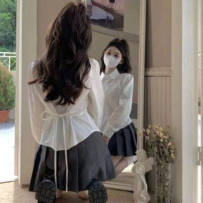 Preppy Bandage Basic White Shirt Women Slim Long Sleeve Cute