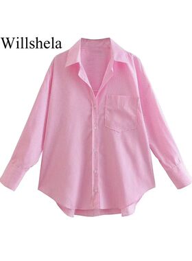 Willshela Women Fashion With Pocket Pink Striped Single Brea