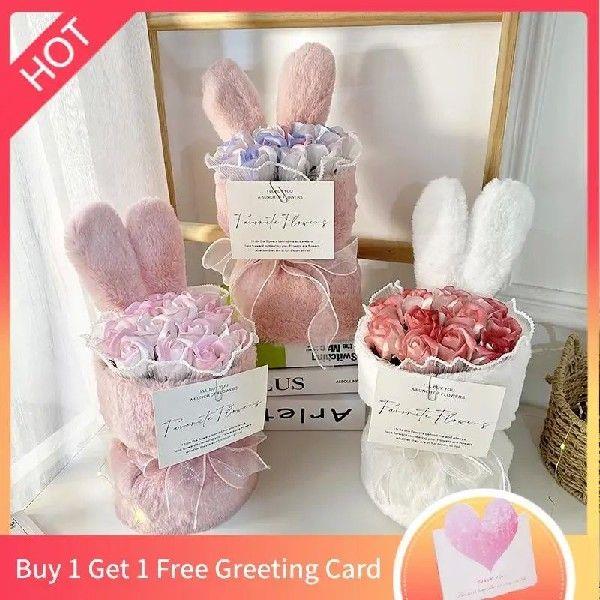 11Pcs Rose Flower Bouquet with Rabbit Ear Wrapping Gift Box