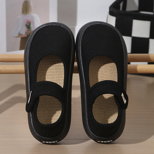 外穿平底透气上班单鞋 厚底亚麻防滑圆头工作鞋 女士布鞋 2026新款