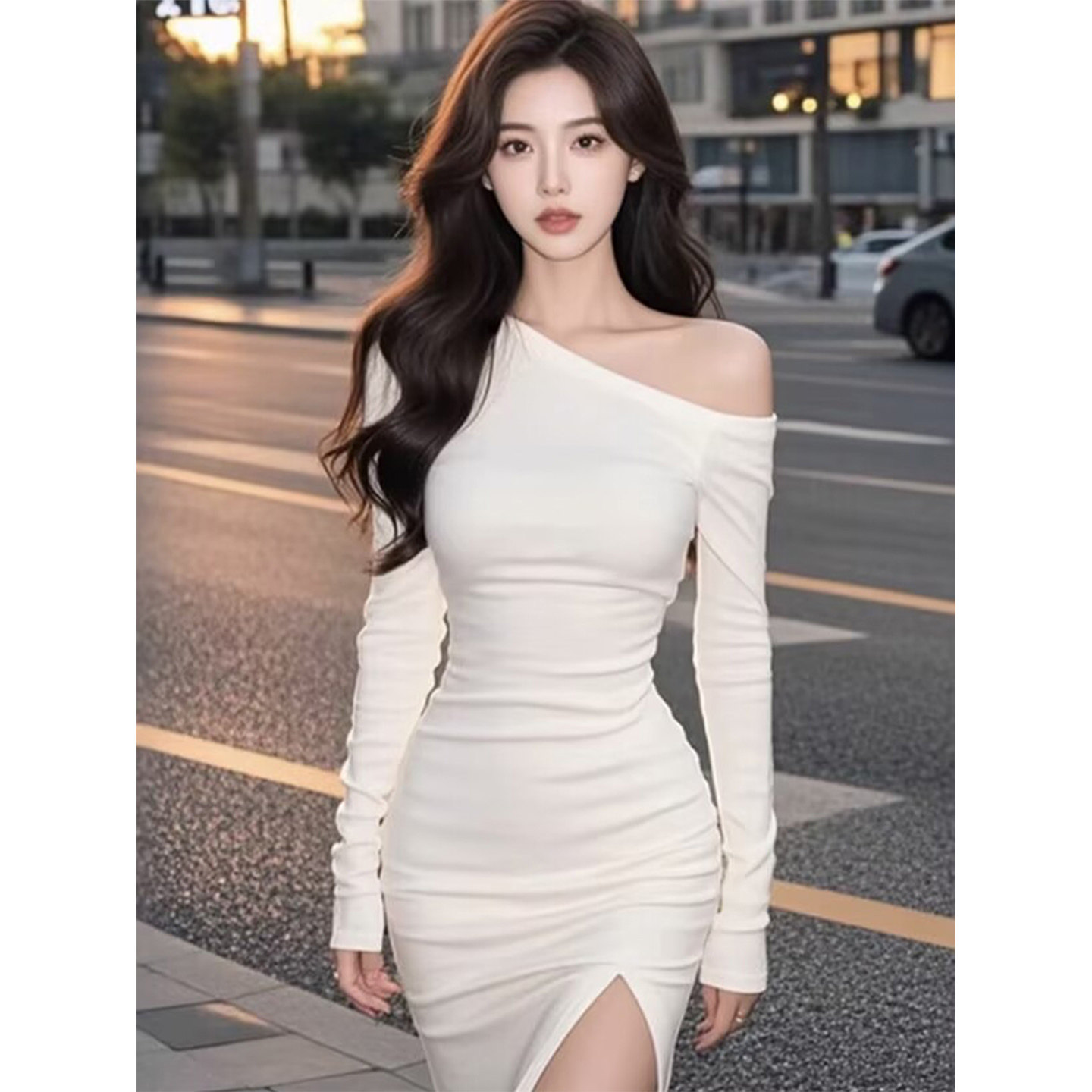 高级感斜肩白色长袖连衣裙女新款气质修身显瘦下摆开叉纯欲包臀裙,女装/女士精品,连衣裙,淘宝优惠券,粉丝福利购,淘宝优惠卷