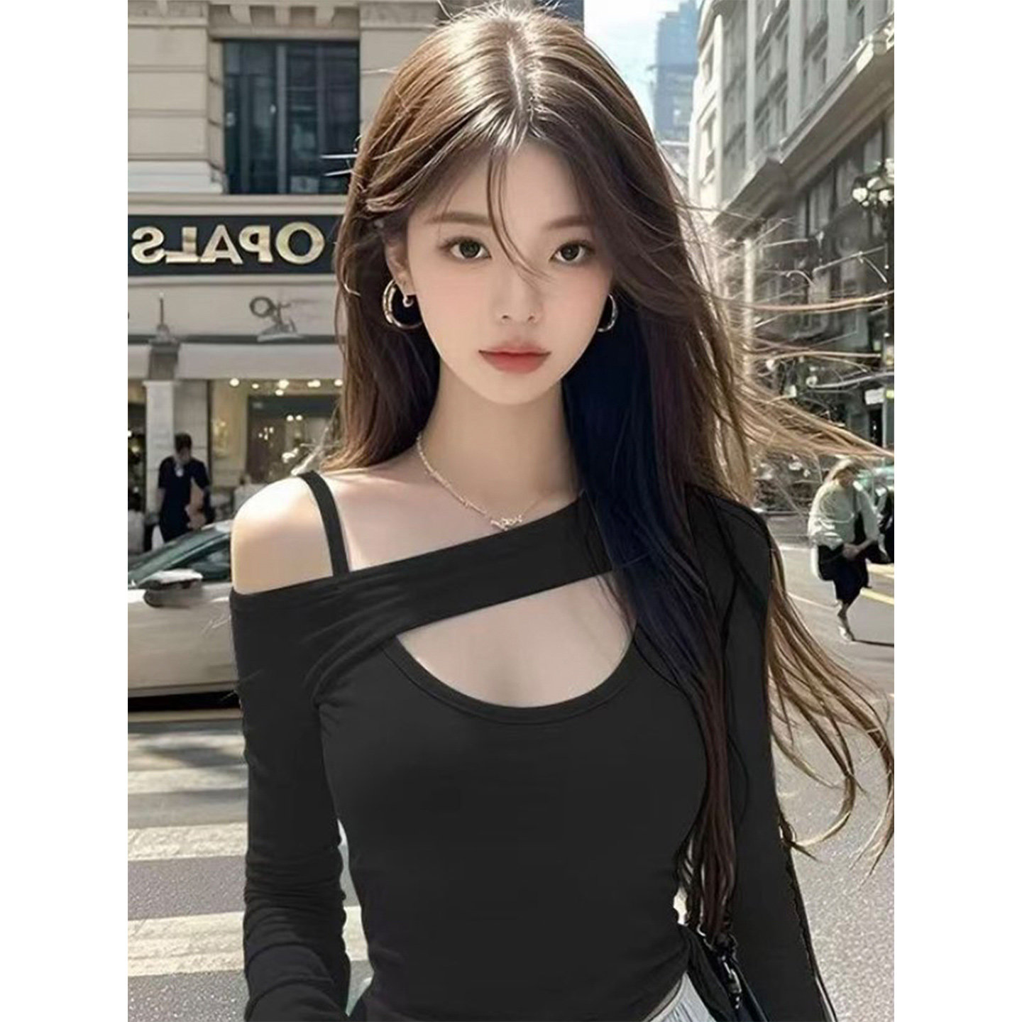 纯欲性感镂空斜露肩长袖上衣女秋冬新款辣妹气质吊带独特长袖t恤,女装/女士精品,T恤,淘宝优惠券,粉丝福利购,淘宝优惠卷