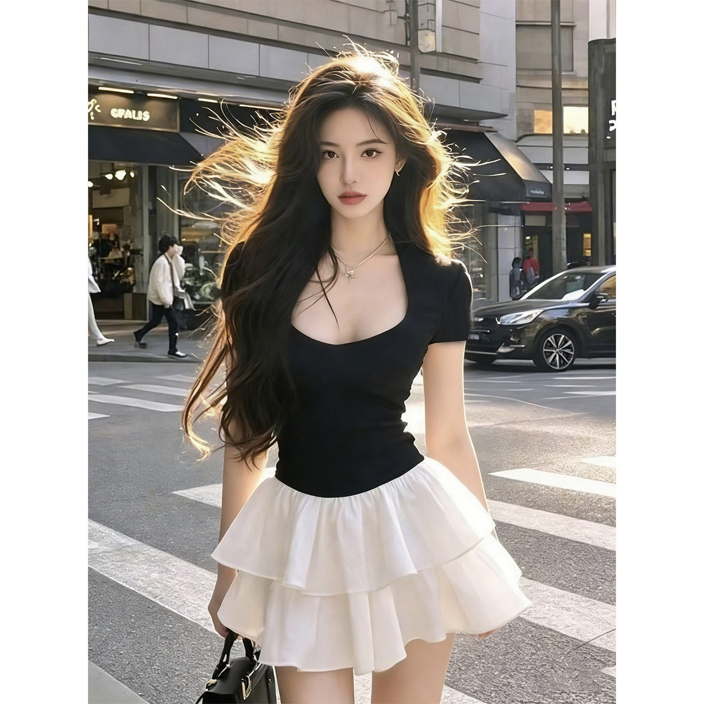 辣妹气质撞色拼接连衣裙女2026夏季新款收腰显瘦性感蛋糕蓬蓬裙子