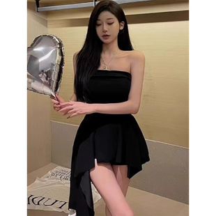 性感一字肩抹胸礼服裙女黑色短款裙子小个子千金辣妹不规则连衣裙