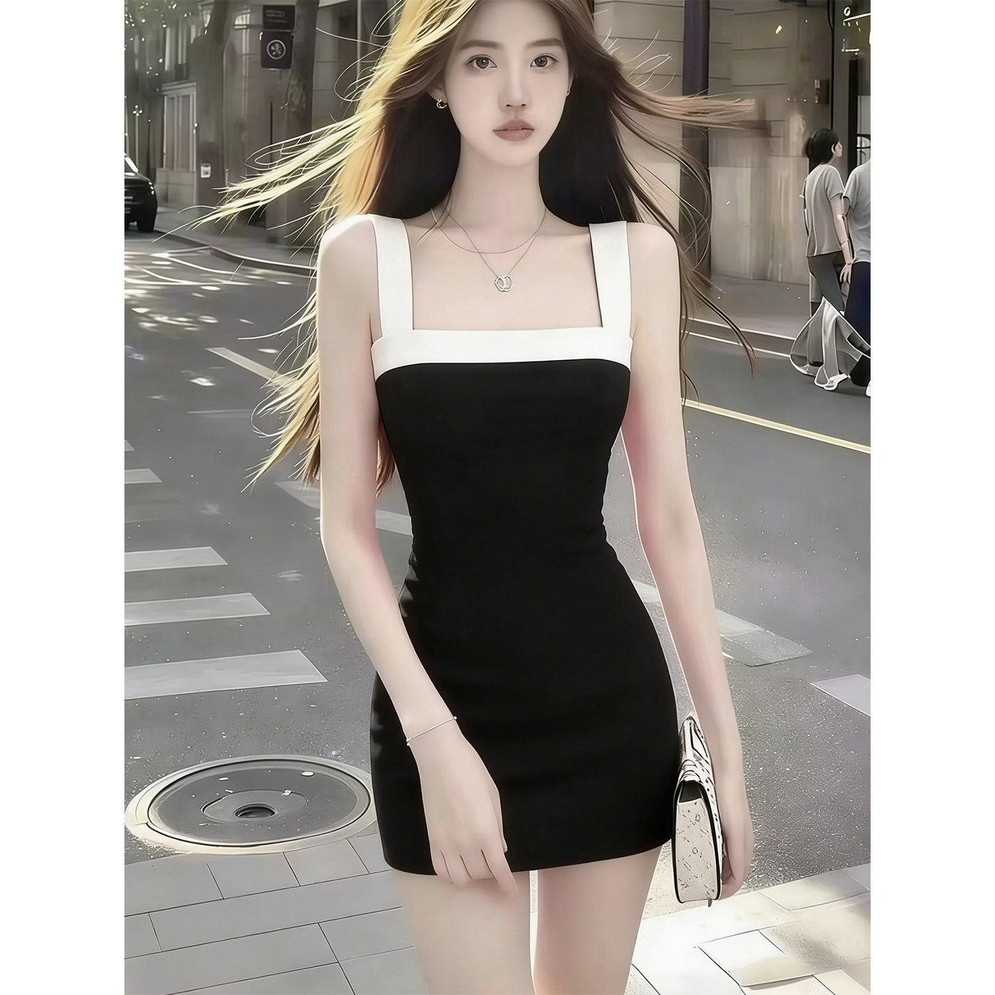 辣妹撞色吊带性感连衣裙图片