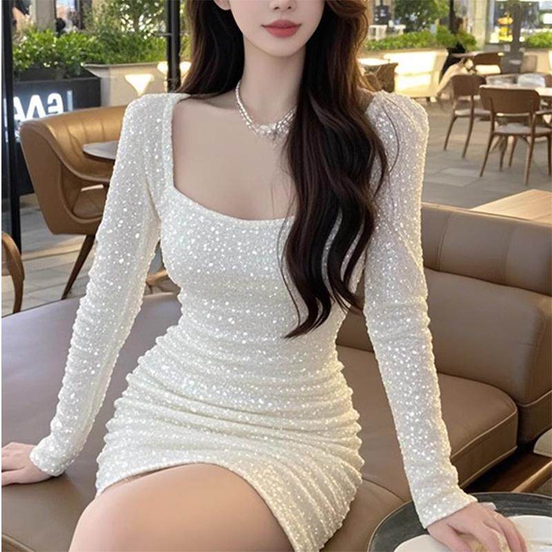 法式轻奢风细闪方领长袖连衣裙女富家千金高级感收腰显瘦包臀短裙