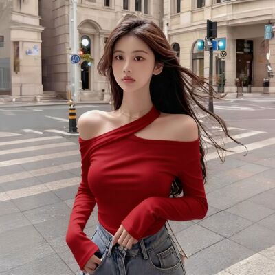 2025秋季新款斜领露肩打底衫