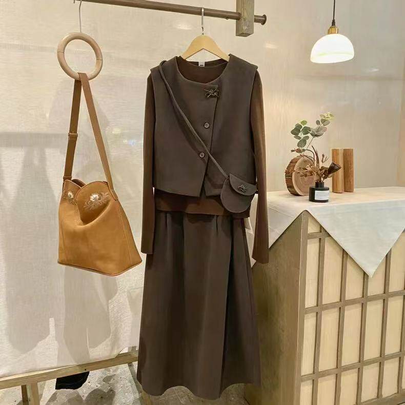 商场同款木家26秋冬新品马甲半身裙打底针织衫三件套套装女
