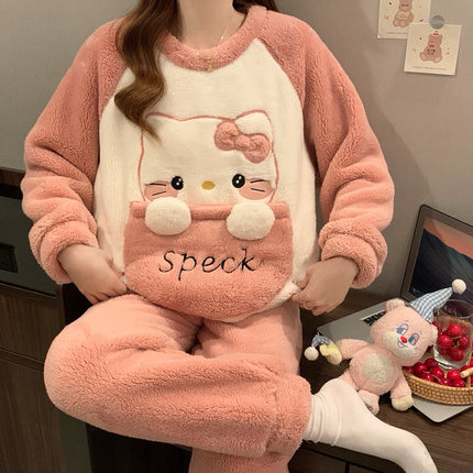 带胸垫冬季加绒加厚珊瑚绒女士睡衣女款冬天少女大码学生家居服秋