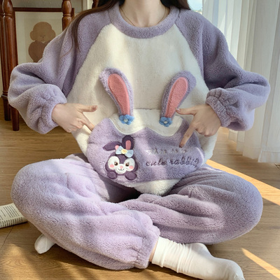 珊瑚绒睡衣女带胸垫冬季加绒加厚法兰绒女士可爱保暖家居服套装