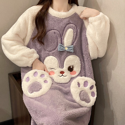 睡衣女款带胸垫秋冬季珊瑚绒家居服法兰绒睡裙加厚加绒孕妇睡袍女