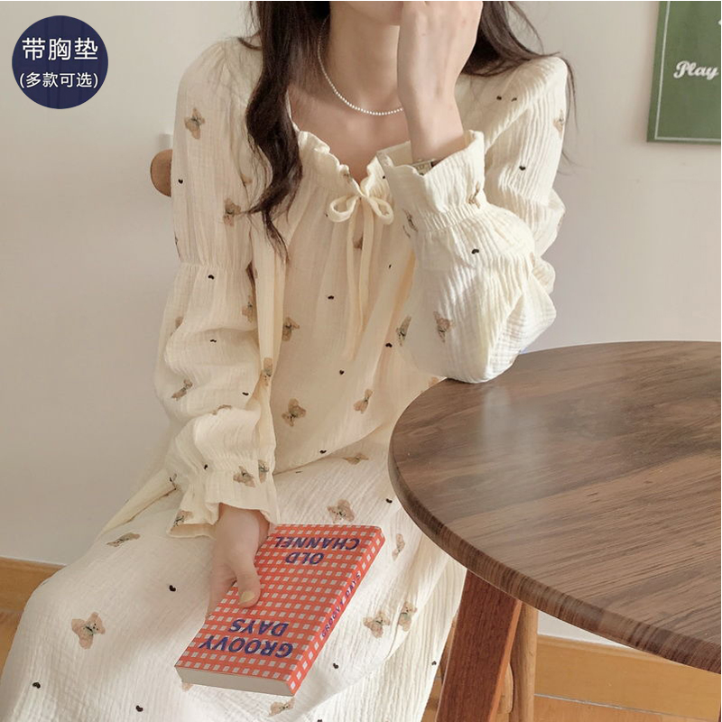 长袖睡裙女带胸垫春秋季纯棉宽松中长款连衣裙可外穿可爱家居服女
