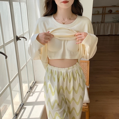 睡衣女春秋季带胸垫一体莫代尔女士高级感蝴蝶结长袖家居服套装冬