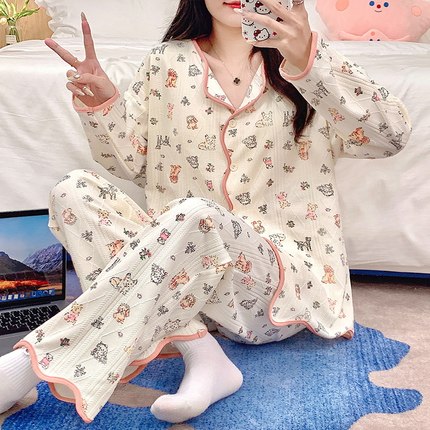 睡衣女纯棉秋冬款2024新款一体带胸垫长袖大码家居服套装可外穿夏