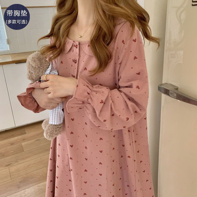 带胸垫睡裙女春秋款纯棉长袖连衣裙中长款休闲女士家居服秋冬季