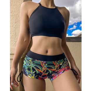 抽绳调节欧美泳装 跨境外贸新款 泳衣女纯色文胸印花保守平角裤