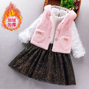 女童秋冬套装连衣裙儿童呢子背心连帽外套宝宝秋冬加厚加绒两件套