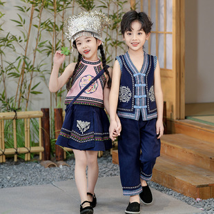 男女童中国风三月三背心款套刺绣少数名族服装壮族侗族傣族舞蹈服