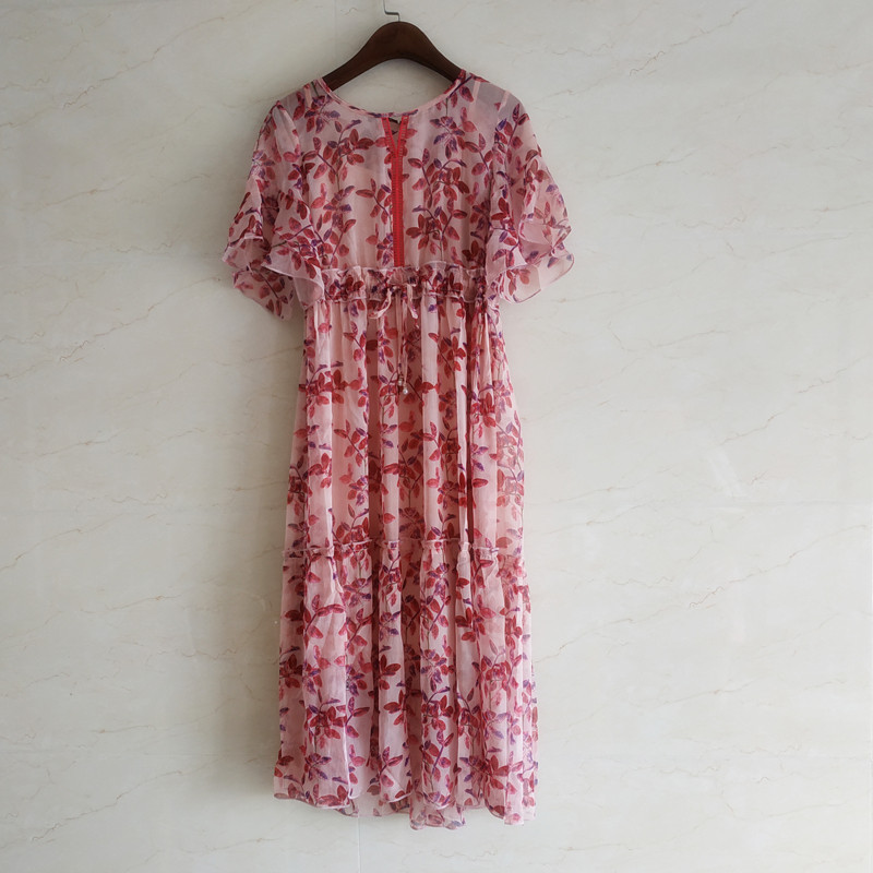 艾利欧女装新品短袖连衣裙品牌撤柜粉色小碎花裙子潮