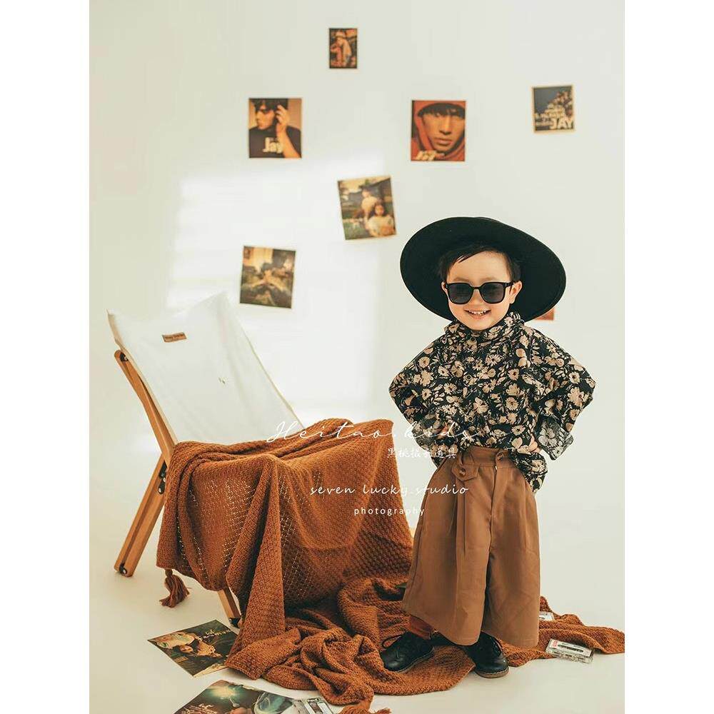 黑桃复古港风周董碎花衬衫男孩摄影服装儿童写真影楼拍照道具中童